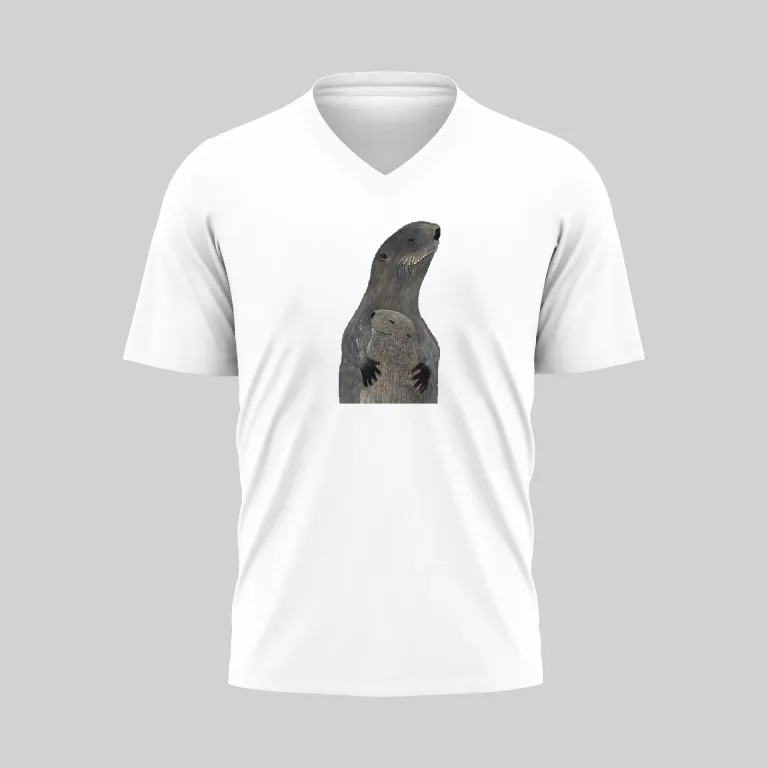White V-neck T-shirt with a unique abstract black and gray design on the front.