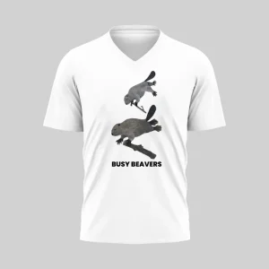 White V-neck T-shirt with a black graphic of a person jumping over another and text 'Stay Hungry'.