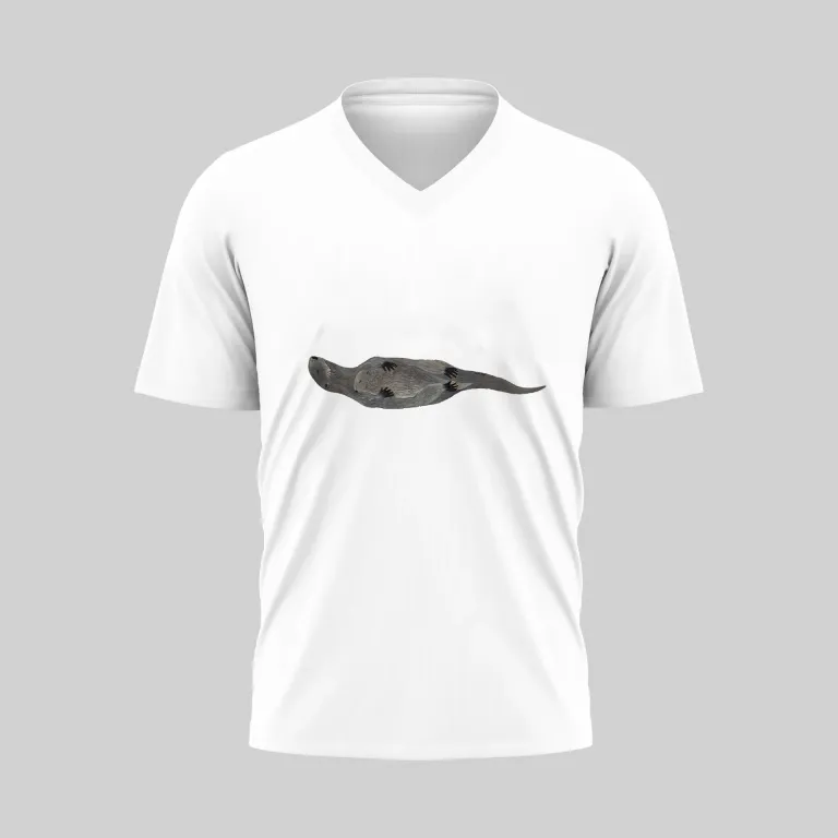White V-neck T-shirt with a black fish graphic in the center.
