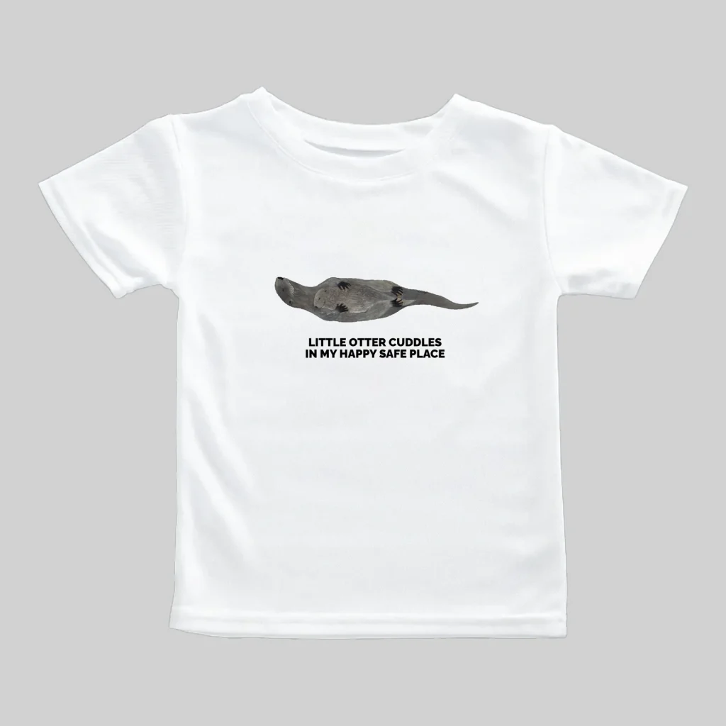 White t-shirt with a minimalist whale graphic and text.