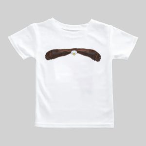 White t-shirt with a brown mustache graphic design.