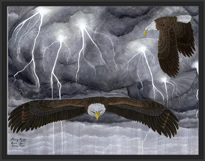 Two bald eagles flying through a storm with lightning in the background.