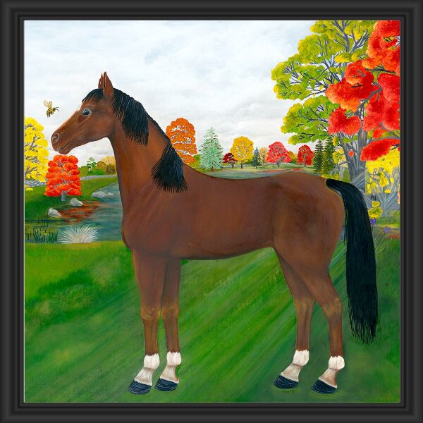 A brown horse with black mane and tail standing in a colorful garden.