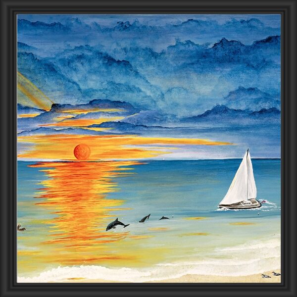 A sailboat glides on calm water under a vibrant sunset sky.