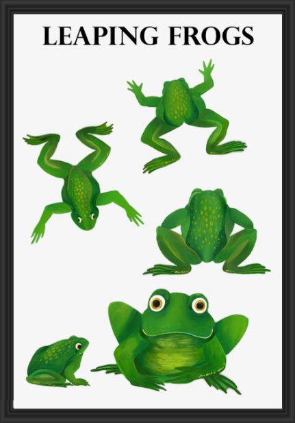 Illustration of five green frogs in different poses.