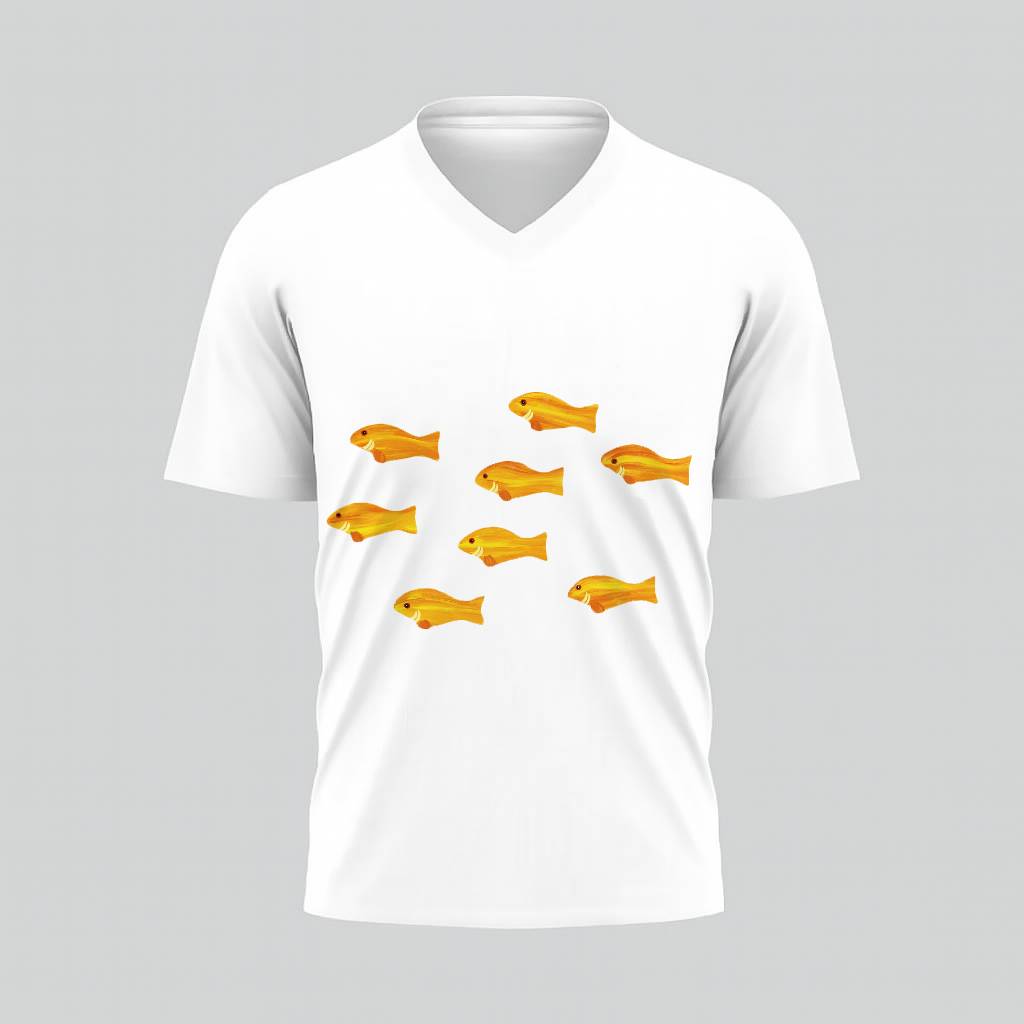 White V-neck shirt with an orange fish pattern.