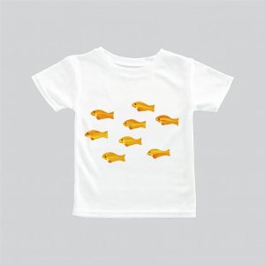 White t-shirt with a pattern of orange fish.