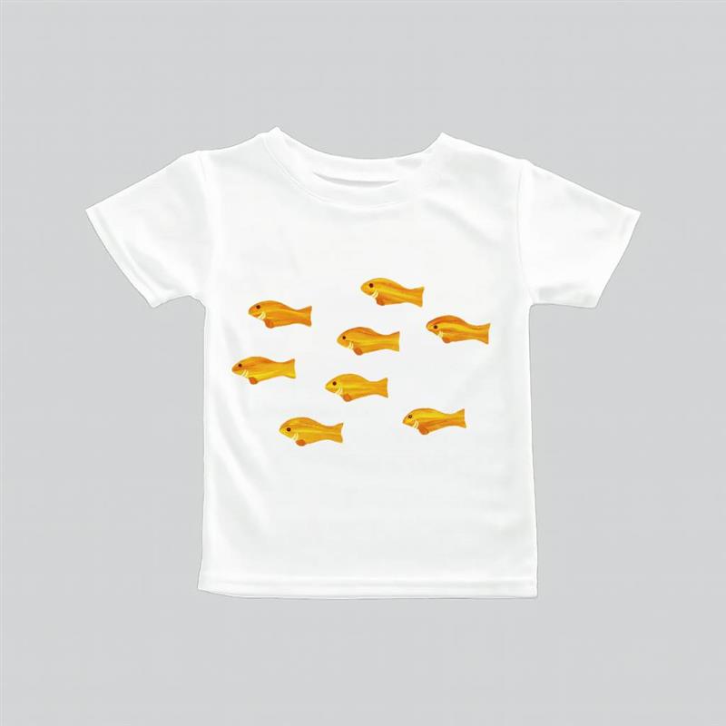 White t-shirt with a pattern of orange fish.