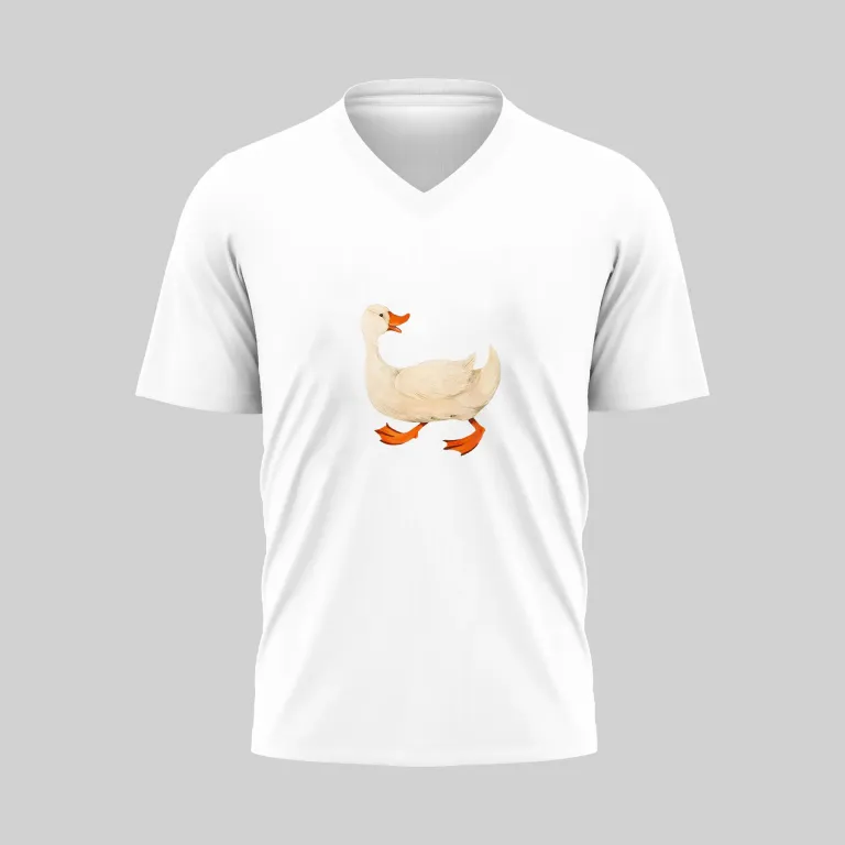White V-neck T-shirt with a cartoon duck design.