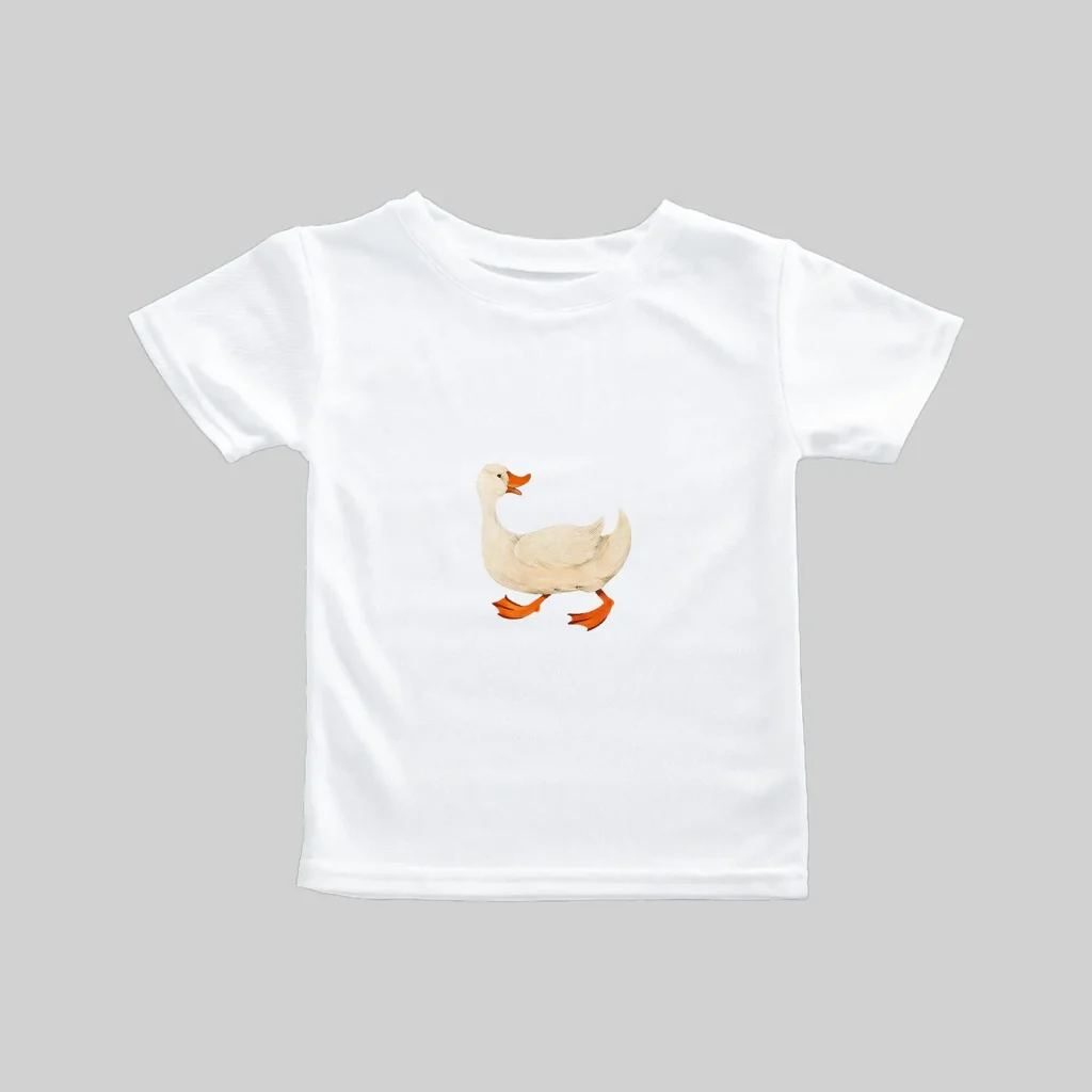 White t-shirt with a cute duck illustration.