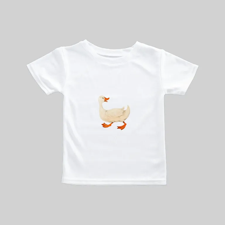 White t-shirt with a small duck graphic on the front.
