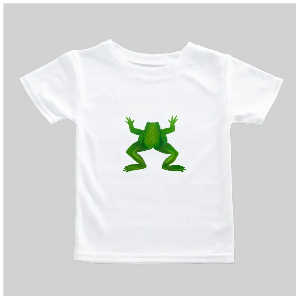 White t-shirt with a green frog graphic in the center.