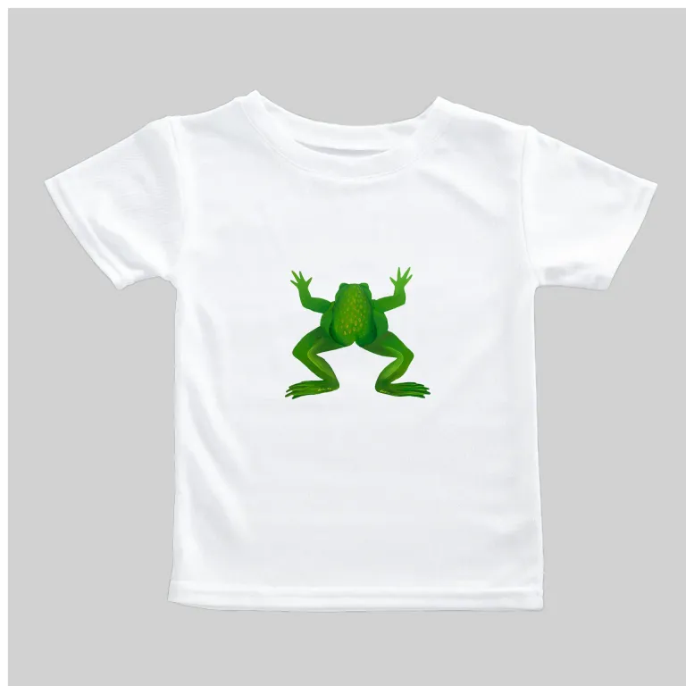 White T-shirt with a green frog graphic on the front.