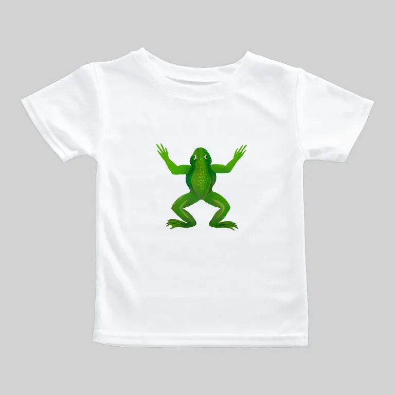 White t-shirt with a green frog graphic on the front.