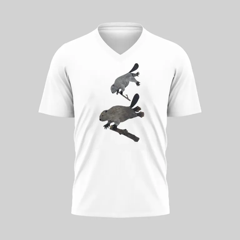 White V-neck T-shirt with a black silhouette of a skateboarder performing a trick.