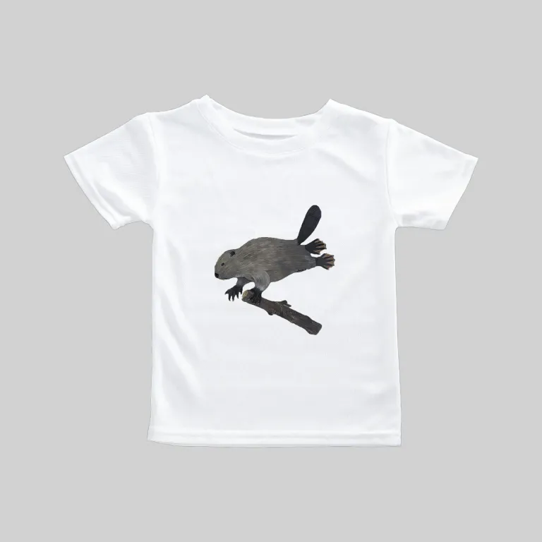 White t-shirt with a black silhouette design of a rabbit and skateboard.