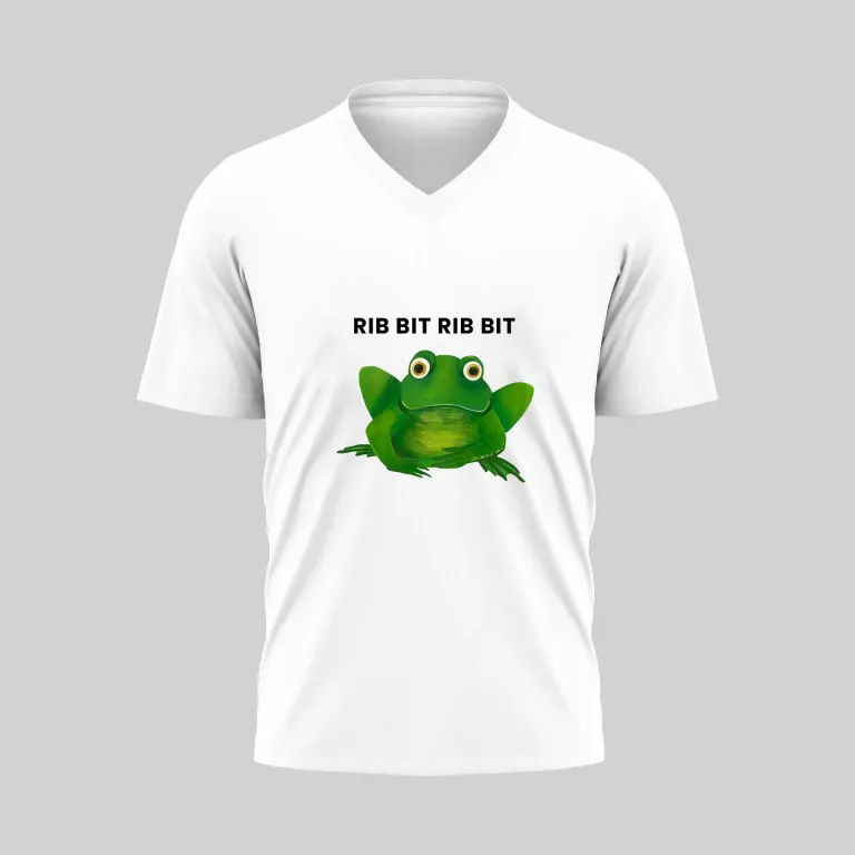 White V-neck T-shirt with a green frog and text.