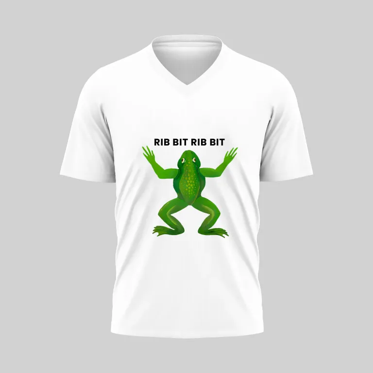 White V-neck T-shirt with a green frog and text.