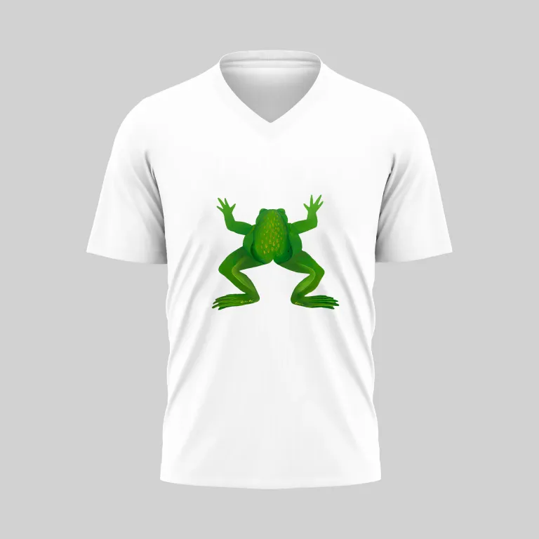 White V-neck t-shirt with a green frog graphic on the front.