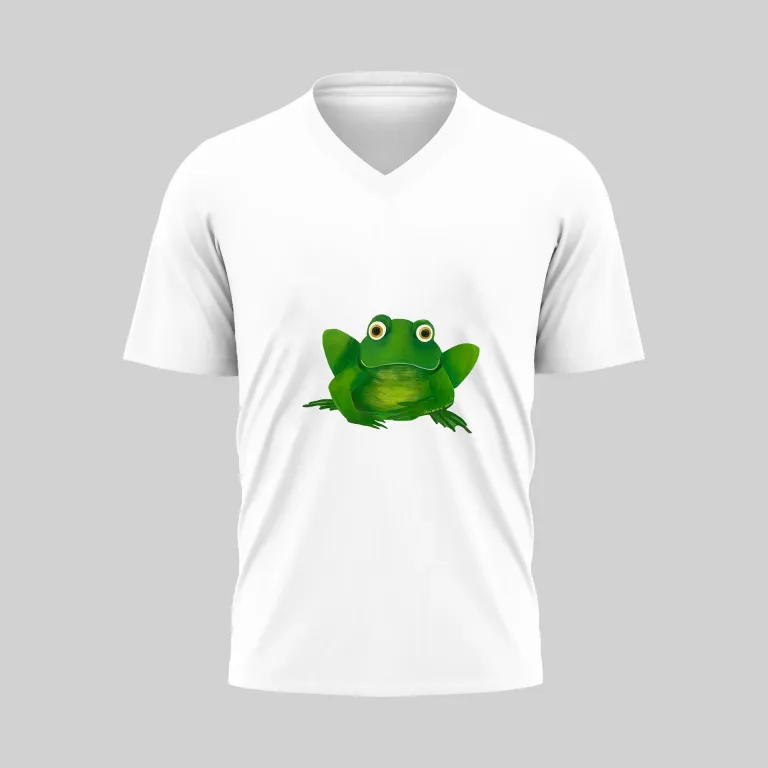 White V-neck T-shirt with a green frog graphic in the center.
