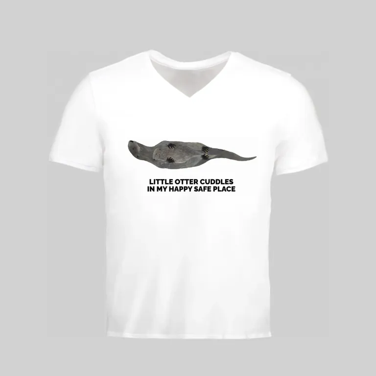 White V-neck T-shirt with a black airplane graphic and text.