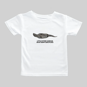 White t-shirt with a duck and text design.