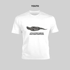 White youth t-shirt with a fish and text design.