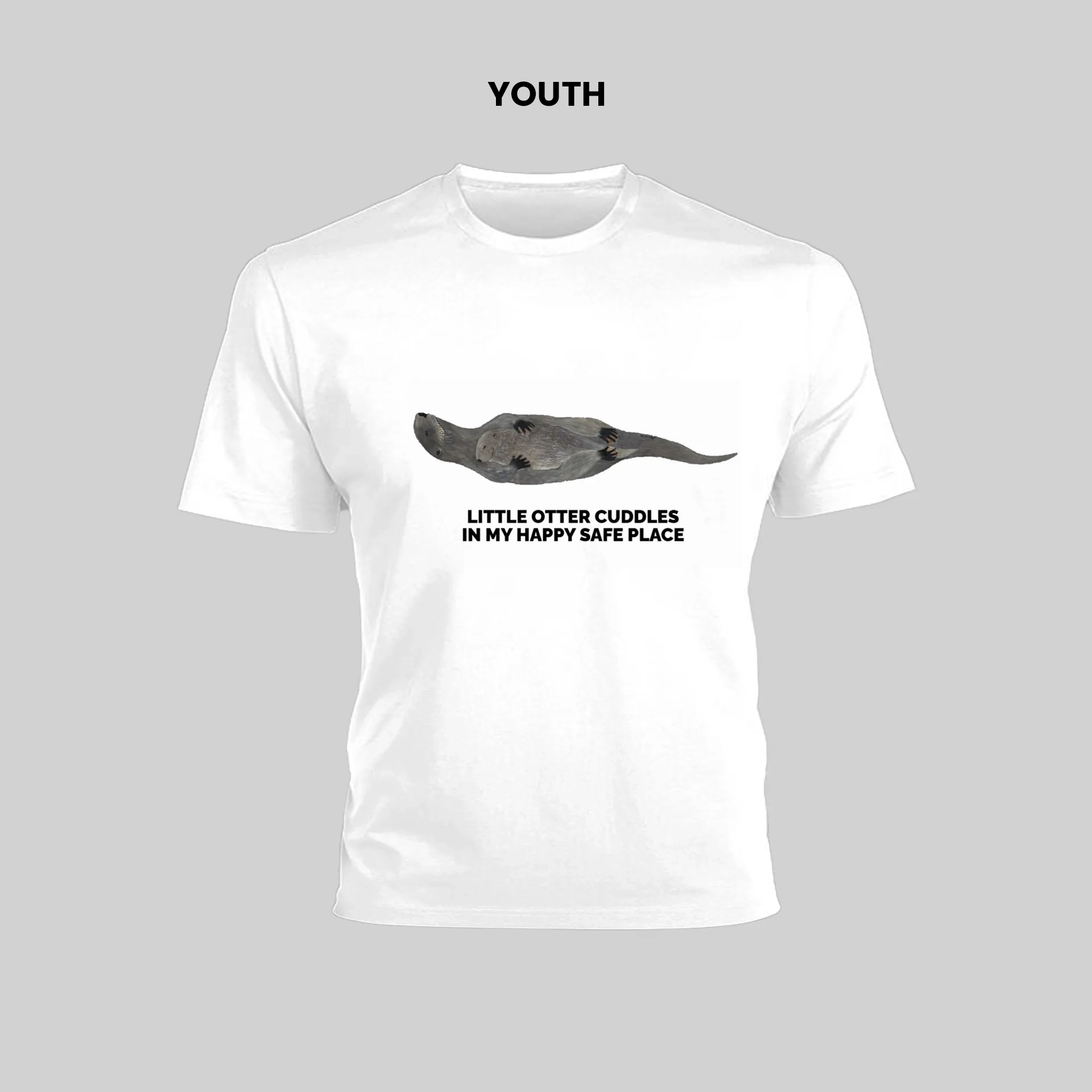 White youth t-shirt with a fish and text design.