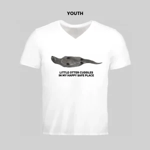 White youth t-shirt with a whale graphic and text design.