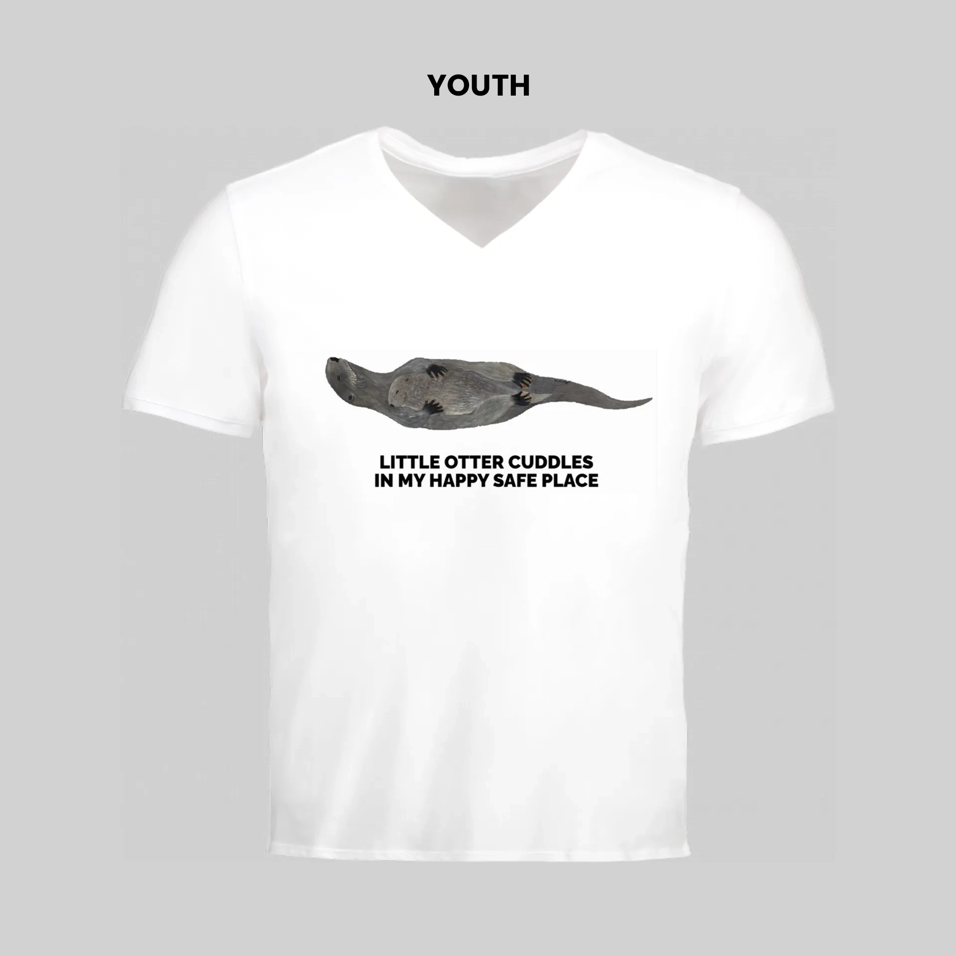 White youth t-shirt with a whale graphic and text design.