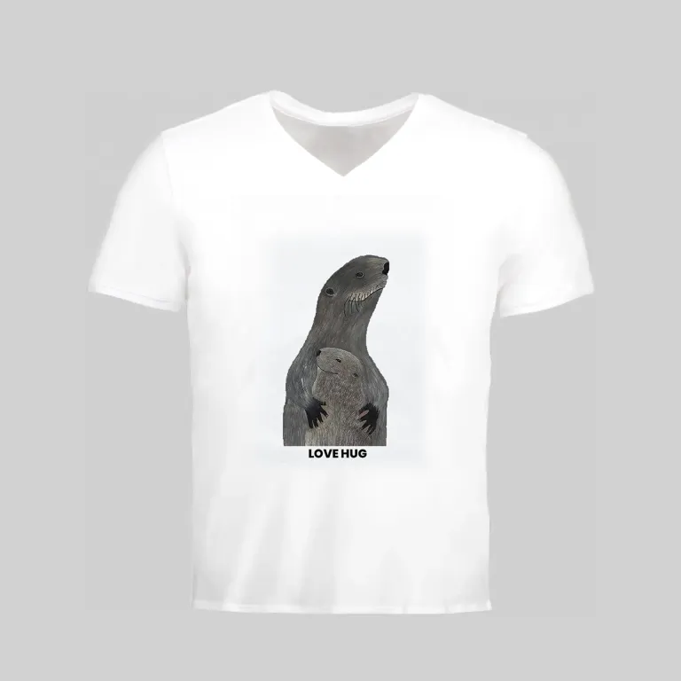 White V-neck T-shirt with a black penguin graphic and text.