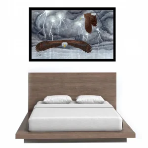 Bedroom with a wooden bed and a horse-themed wall art above.