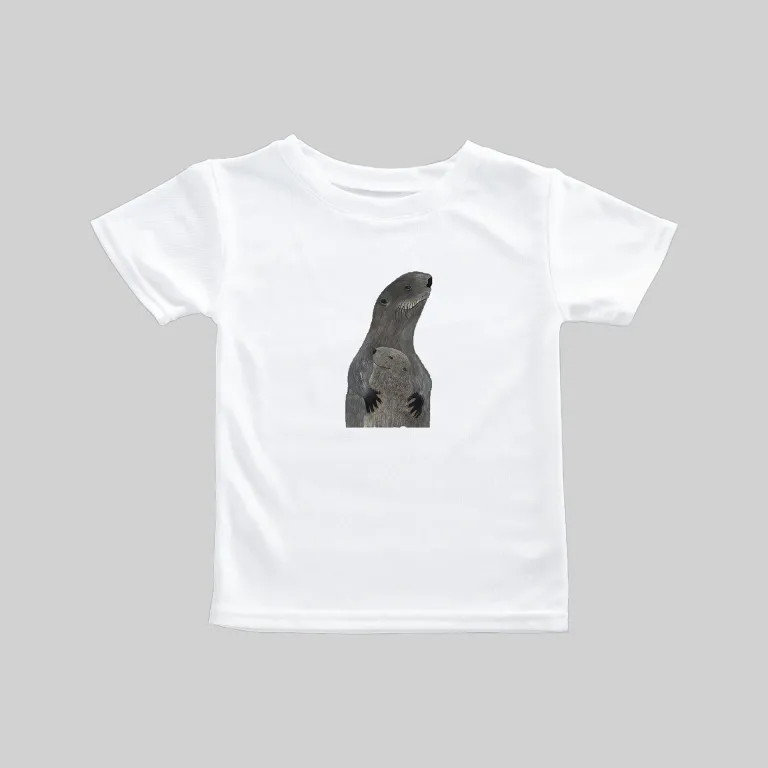 White t-shirt with a black and gray abstract design on the front.
