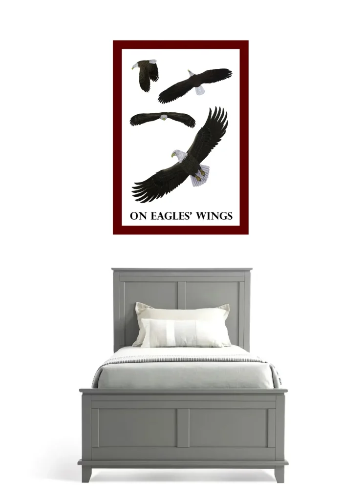 Minimalist bedroom with a single bed and inspirational wall art.