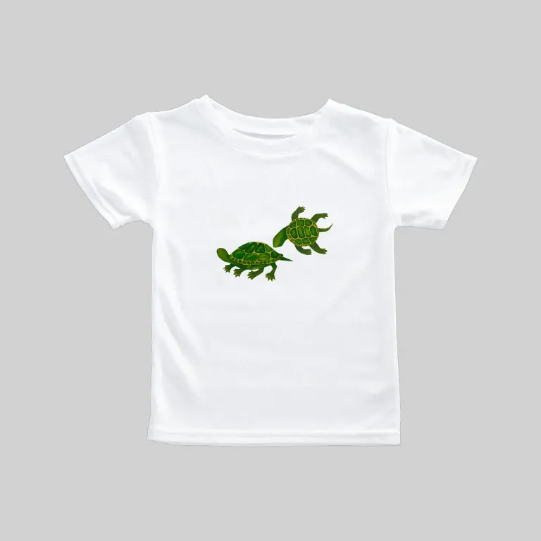 White t-shirt with green dinosaur designs for kids.
