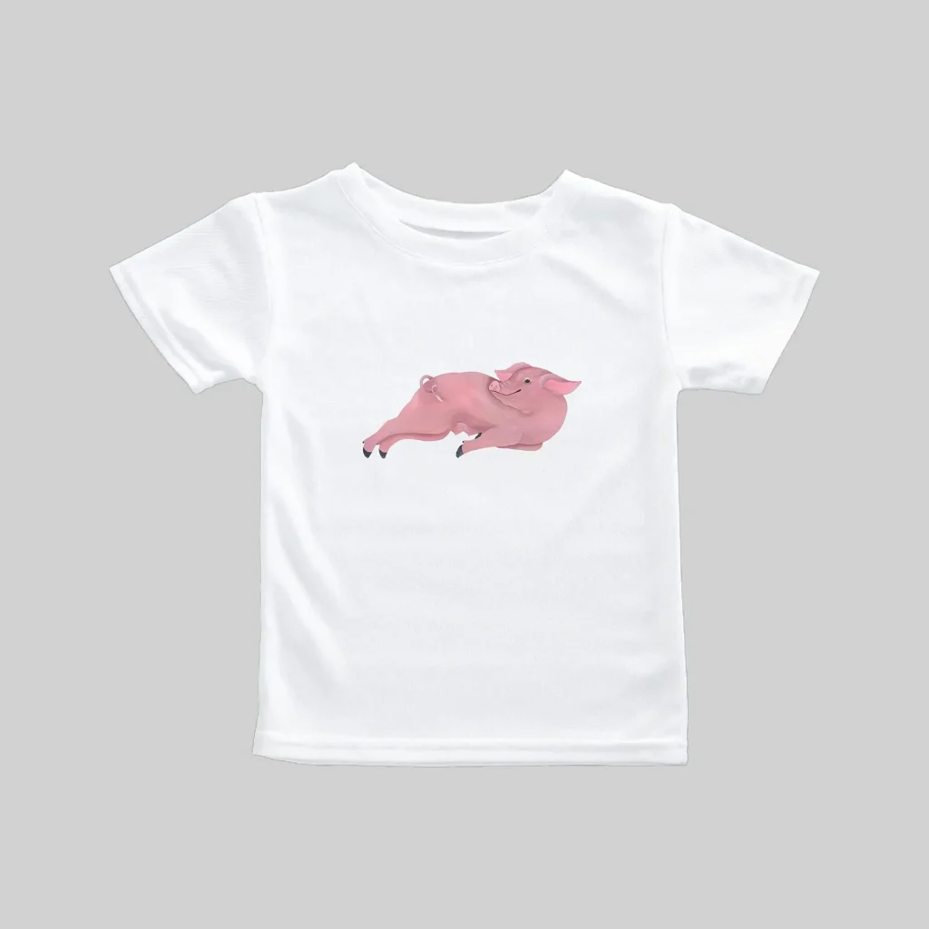 White toddler T-shirt with a pink animal graphic in the center.