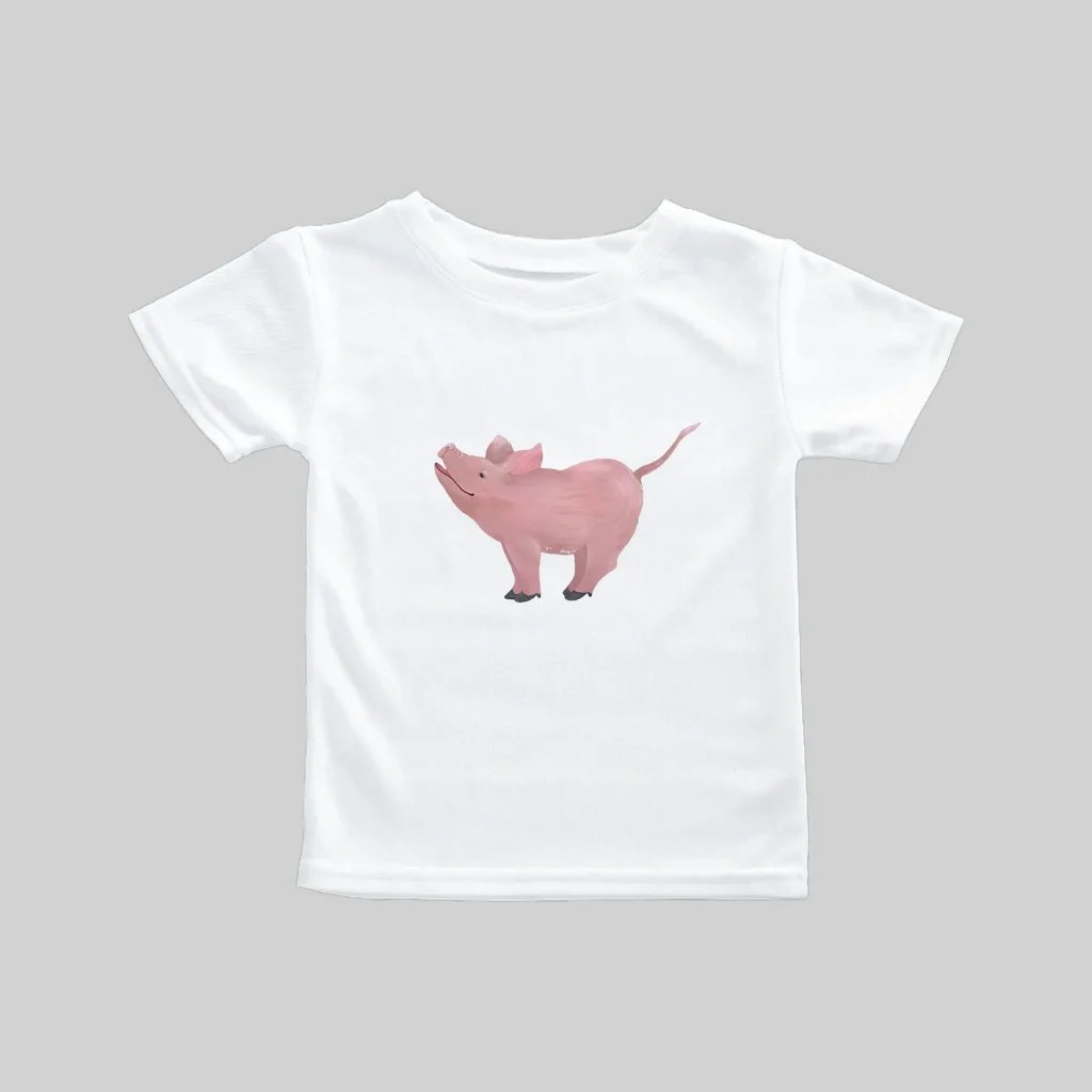 White t-shirt with a pink dinosaur graphic on the front.