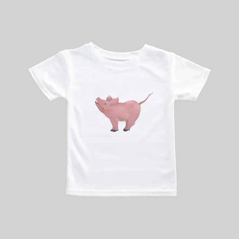 White t-shirt with a pink bear-shaped dinosaur graphic.
