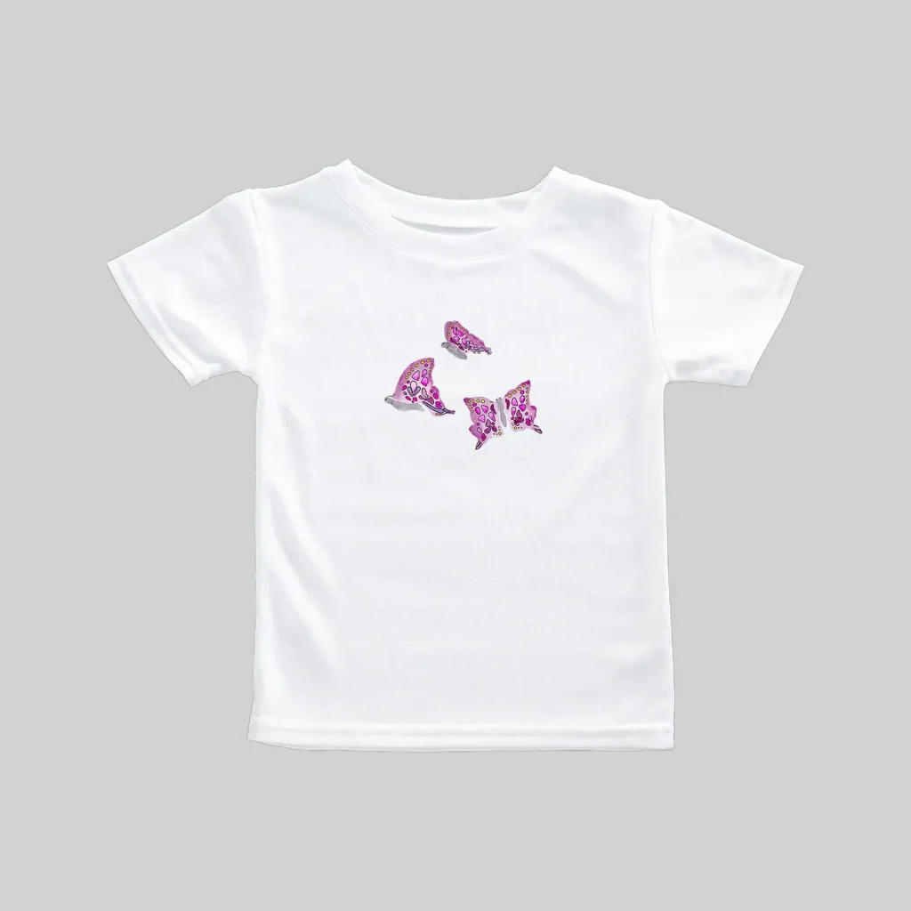 White toddler T-shirt with purple dinosaur print.