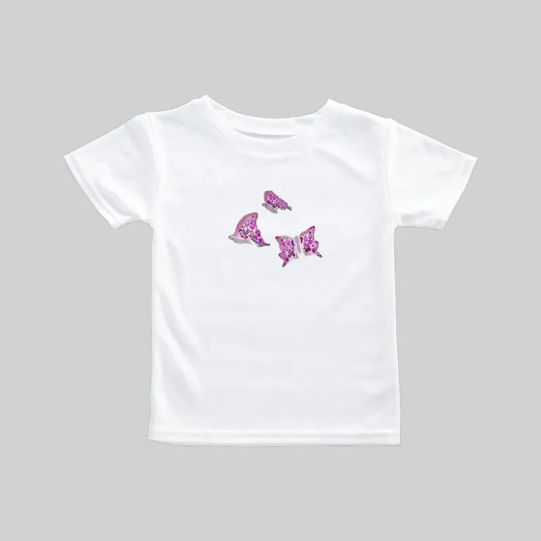 White t-shirt with purple butterfly designs on the front.