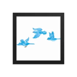 Three blue birds flying against a white background.