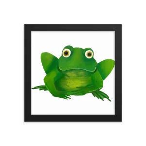 A cute green cartoon frog with big eyes inside a black frame.