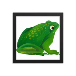 Illustration of a green frog with yellow spots in a black frame.