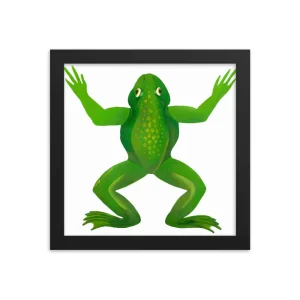 Illustration of a green frog with outstretched limbs inside a black frame.