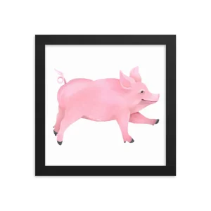 A pink piglet framed in black is shown mid-leap.