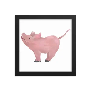 A whimsical pig sculpture with exaggerated features in a black frame.