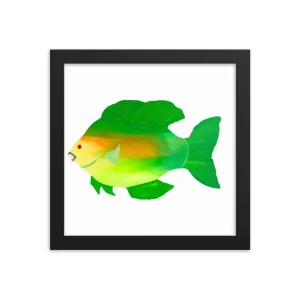 Illustration of a green and yellow fish inside a black frame.