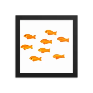 Eight orange fish swimming in a framed square.