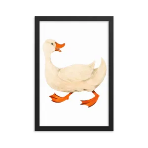 Illustration of a duck with orange beak and feet in a black frame.