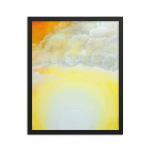 Abstract painting with warm yellow and orange tones blending into soft clouds.
